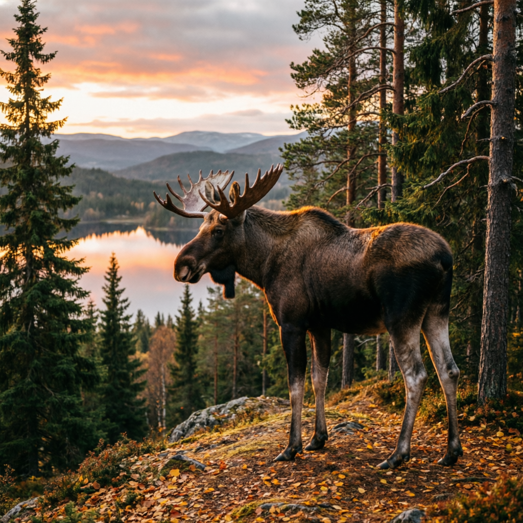 Norsk skoglandskap med elg i solnedgang