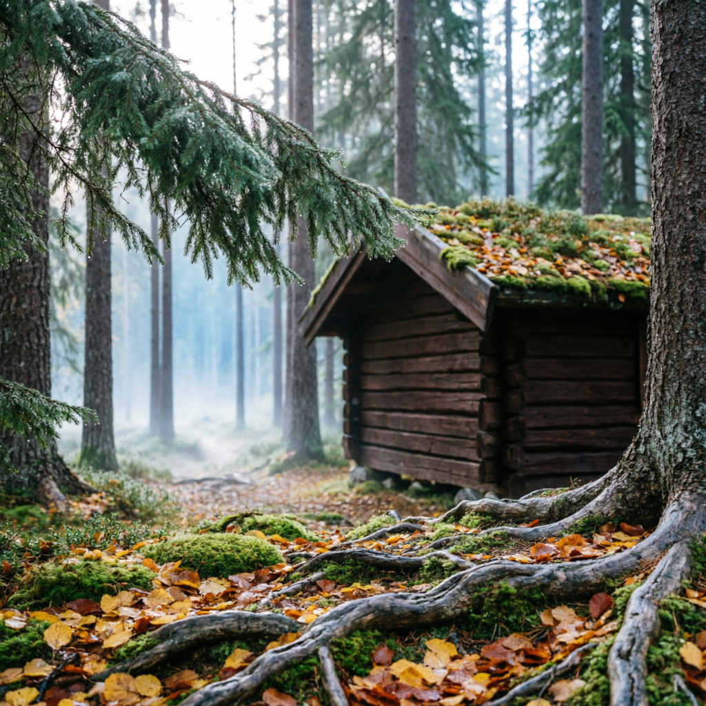 Stille skogspost med granbar og morgenstemning